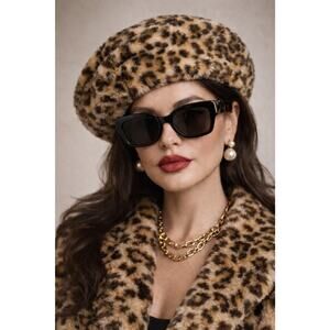 Vtg Faux Fur Leopard Animal Print Hat Beret 90s Y2k Mob Wife Cossack Old Money